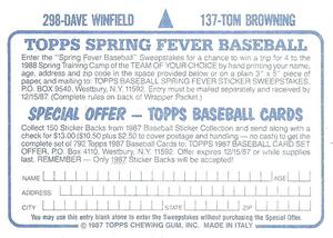 1987 Topps Stickers #137 / 298 Tom Browning / Dave Winfield Back