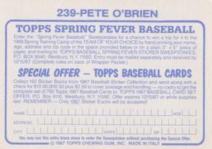 1987 Topps Stickers #239 Pete O'Brien Back