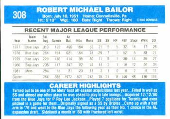 1982 Donruss #308 Bob Bailor Back