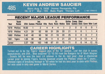 1982 Donruss #485 Kevin Saucier Back