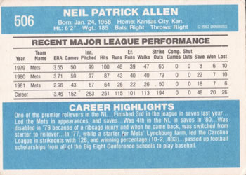 1982 Donruss #506 Neil Allen Back