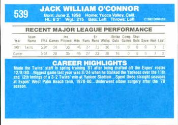 1982 Donruss #539 Jack O'Connor Back