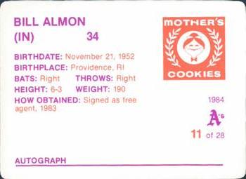 1984 Mother's Cookies Oakland Athletics #11 Bill Almon Back