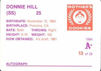 1984 Mother's Cookies Oakland Athletics #13 Donnie Hill Back