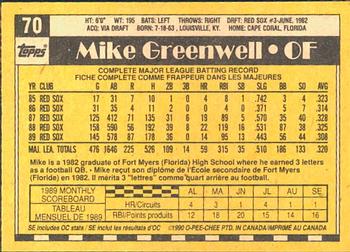 1990 O-Pee-Chee #70 Mike Greenwell Back