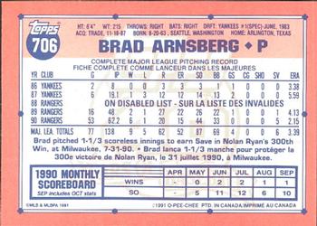 1991 O-Pee-Chee #706 Brad Arnsberg Back