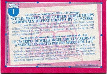 1991 O-Pee-Chee - Wax Box Bottom Panels Singles #I Willie McGee Back