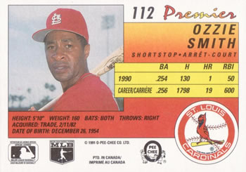 1991 O-Pee-Chee Premier #112 Ozzie Smith Back