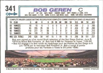 1992 O-Pee-Chee #341 Bob Geren Back