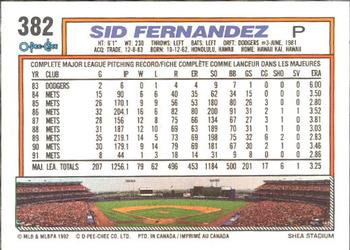 1992 O-Pee-Chee #382 Sid Fernandez Back