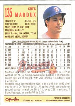 1993 O-Pee-Chee #135 Greg Maddux Back