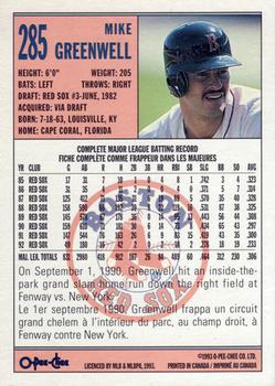 1993 O-Pee-Chee #285 Mike Greenwell Back