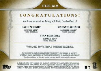 2013 Topps Triple Threads - Autograph Relic Combos Gold #TTARC-WLM Evan Longoria / David Wright / Manny Machado Back