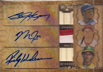 2013 Topps Triple Threads - Autograph Relic Combos Wood #TTARC-JTH Bo Jackson / Rickey Henderson / Mike Trout Front