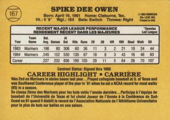 1985 Leaf #167 Spike Owen Back