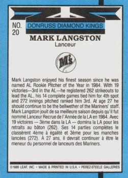 1988 Leaf #20 Mark Langston Back