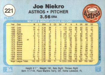 1982 Fleer #221 Joe Niekro Back