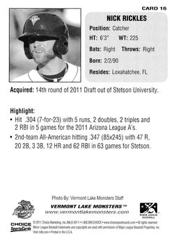 2011 Choice Vermont Lake Monsters #16 Nick Rickles Back