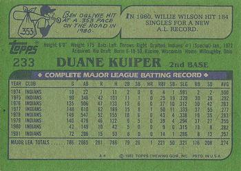 1982 Topps #233 Duane Kuiper Back
