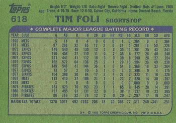 1982 Topps #618 Tim Foli Back