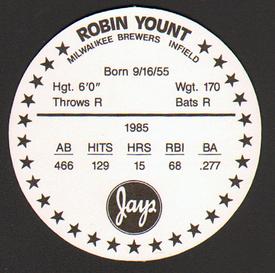 1986 Jays Discs #NNO Robin Yount Back