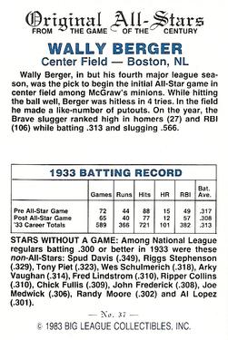 1983 Big League Collectibles Original All-Stars #37 Wally Berger Back