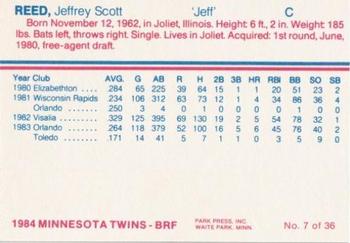 1984 Minnesota Twins #7 Jeff Reed Back