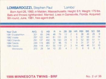 1986 Minnesota Twins #2 Steve Lombardozzi Back