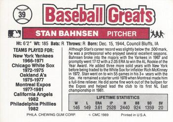 1989 Swell Baseball Greats #39 Stan Bahnsen Back