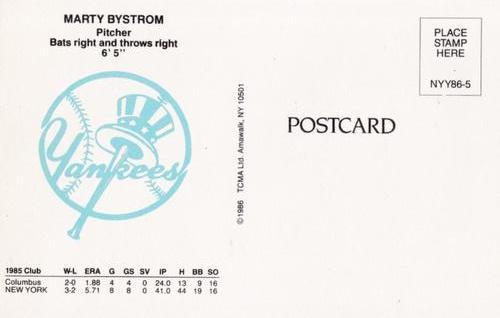 1986 TCMA New York Yankees Postcards #5 Marty Bystrom Back