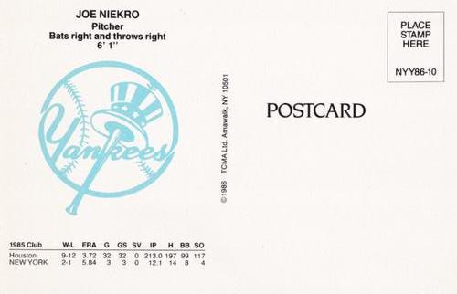 1986 TCMA New York Yankees Postcards #10 Joe Niekro Back