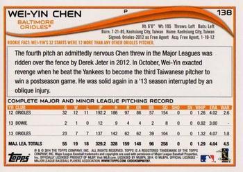 2014 Topps - Yellow #138 Wei-Yin Chen Back