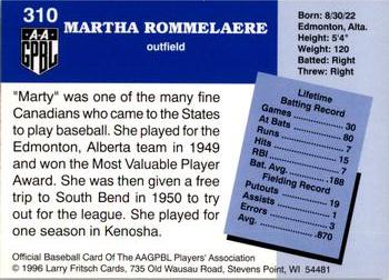 1996 Fritsch AAGPBL Series 2 #310 Marty Rommelaere Back