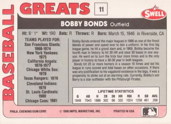 1991 Swell Baseball Greats #11 Bobby Bonds Back