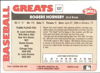 1991 Swell Baseball Greats #137 Rogers Hornsby Back