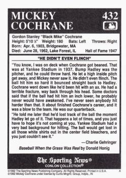 1992 Conlon Collection TSN #432 Mickey Cochrane Back