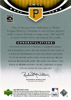 2007 Upper Deck Sweet Spot Classic - Classic Memorabilia #CM-CL Roberto Clemente Back