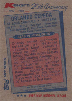 1982 Topps Kmart 20th Anniversary #12 Orlando Cepeda Back