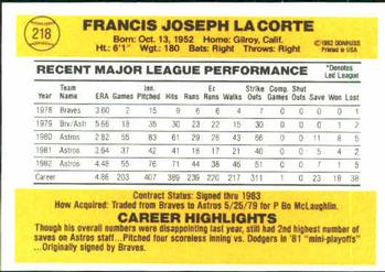 1983 Donruss #218 Frank LaCorte Back