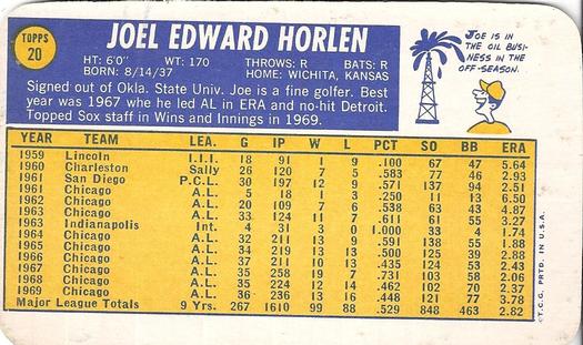 1970 Topps Super #20 Joe Horlen Back