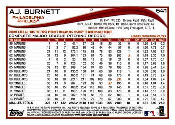 2014 Topps - Purple #641 A.J. Burnett Back