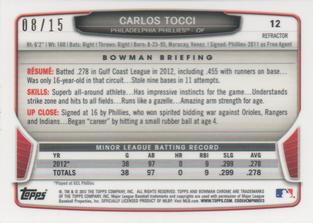 2013 Bowman Chrome Mini - Orange Refractors #12 Carlos Tocci Back