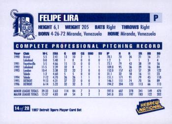 1997 Hebrew National Detroit Tigers #14 Felipe Lira Back