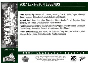 2007 MultiAd Lexington Legends #1 Team Photo Back
