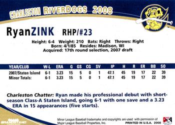 2008 Grandstand Charleston RiverDogs #NNO Ryan Zink Back