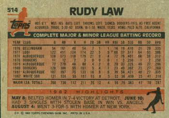 1983 Topps #514 Rudy Law Back
