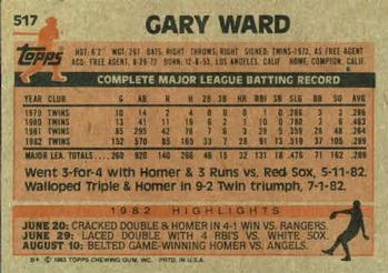 1983 Topps #517 Gary Ward Back