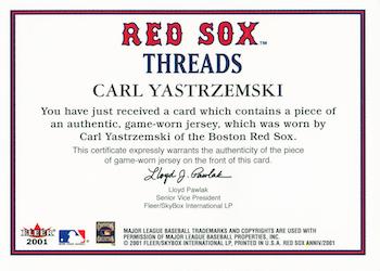 2001 Fleer Boston Red Sox 100th Anniversary - Red Sox Threads #NNO Carl Yastrzemski Back