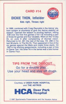 1987 Deer Park Hospital Houston Astros #14 Dickie Thon Back