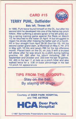 1987 Deer Park Hospital Houston Astros #15 Terry Puhl Back